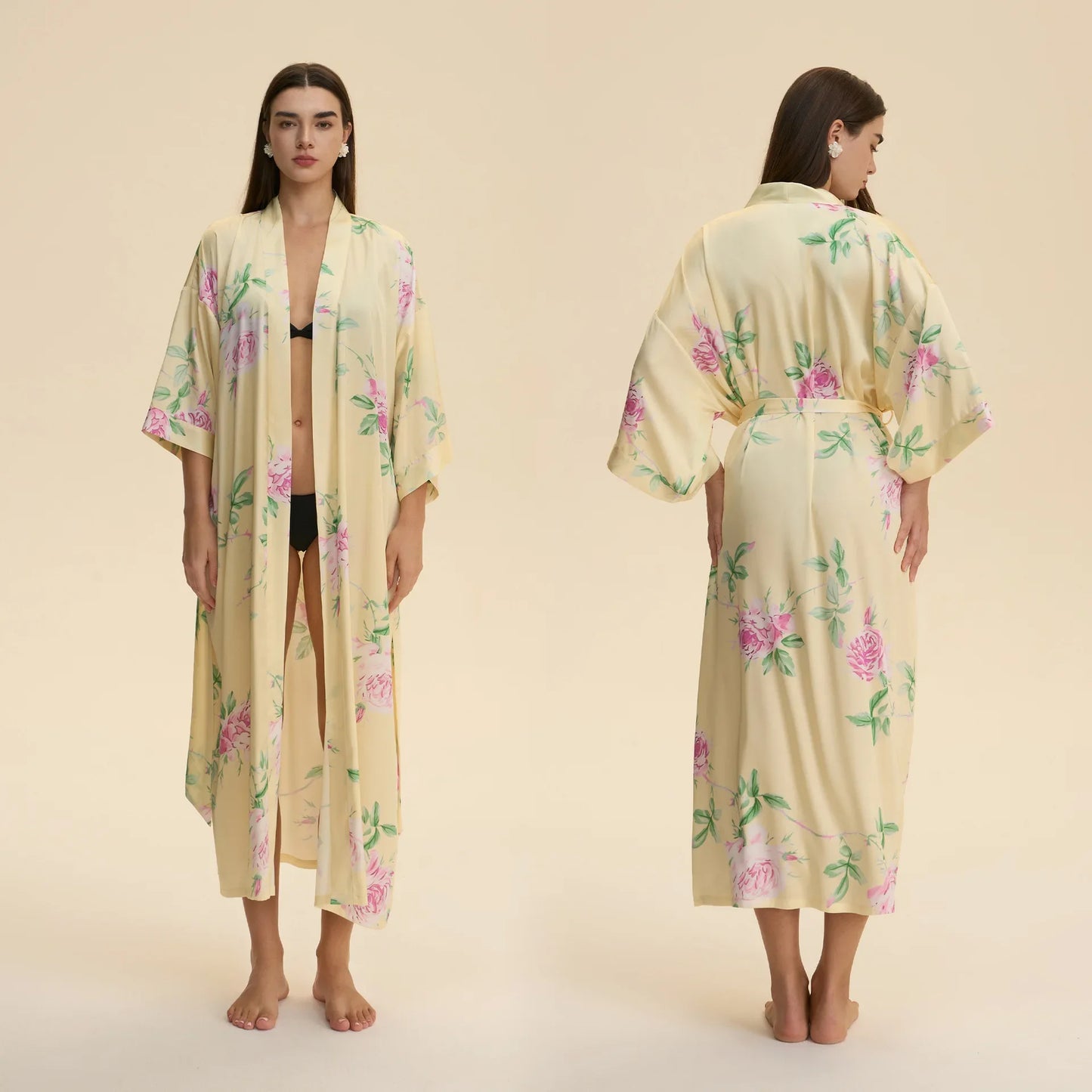 Chinese Style Print Flower Lonhg Robe Home Dress Silky Satin Kimono Bathrobe Gown Female Sleepwear Loose Nightgown Lounge Wear