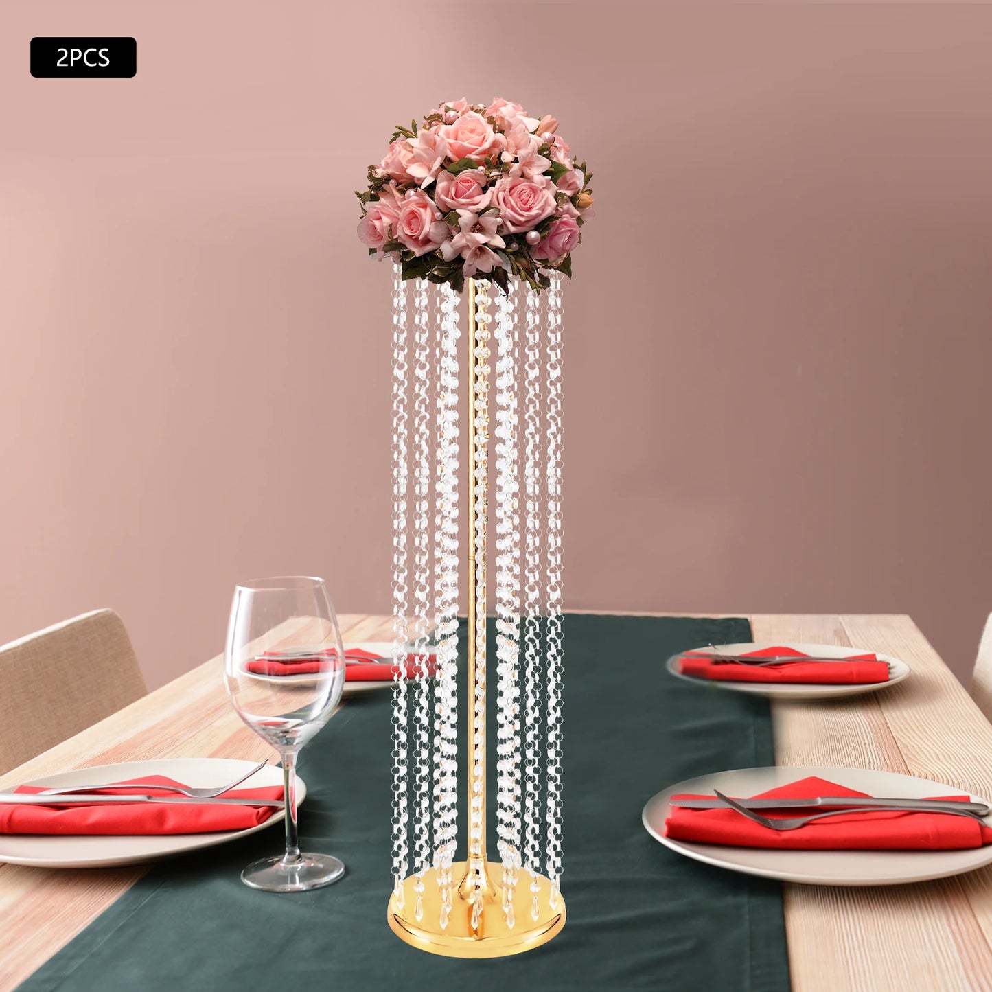 2 Pcs 90cm Wedding Centerpieces Flower Vases Acrylic Crystal Gold Vase Metal Flowers Stand for Party Tables Decorations