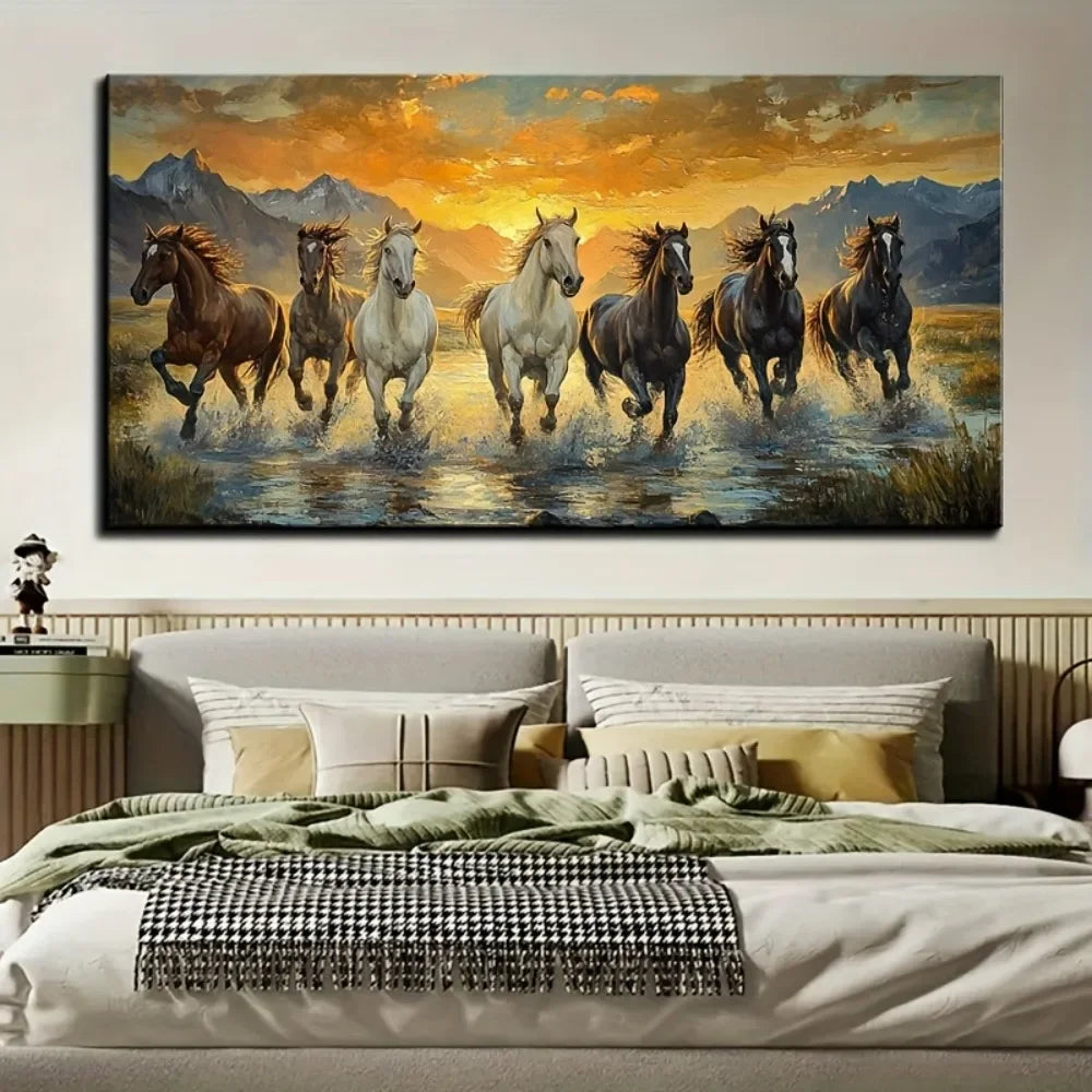 Elegant Feng Shui Seven horse canvas wall art with pine frame - waterproof, 1.5 inch thick horse decoration for sunset scenes