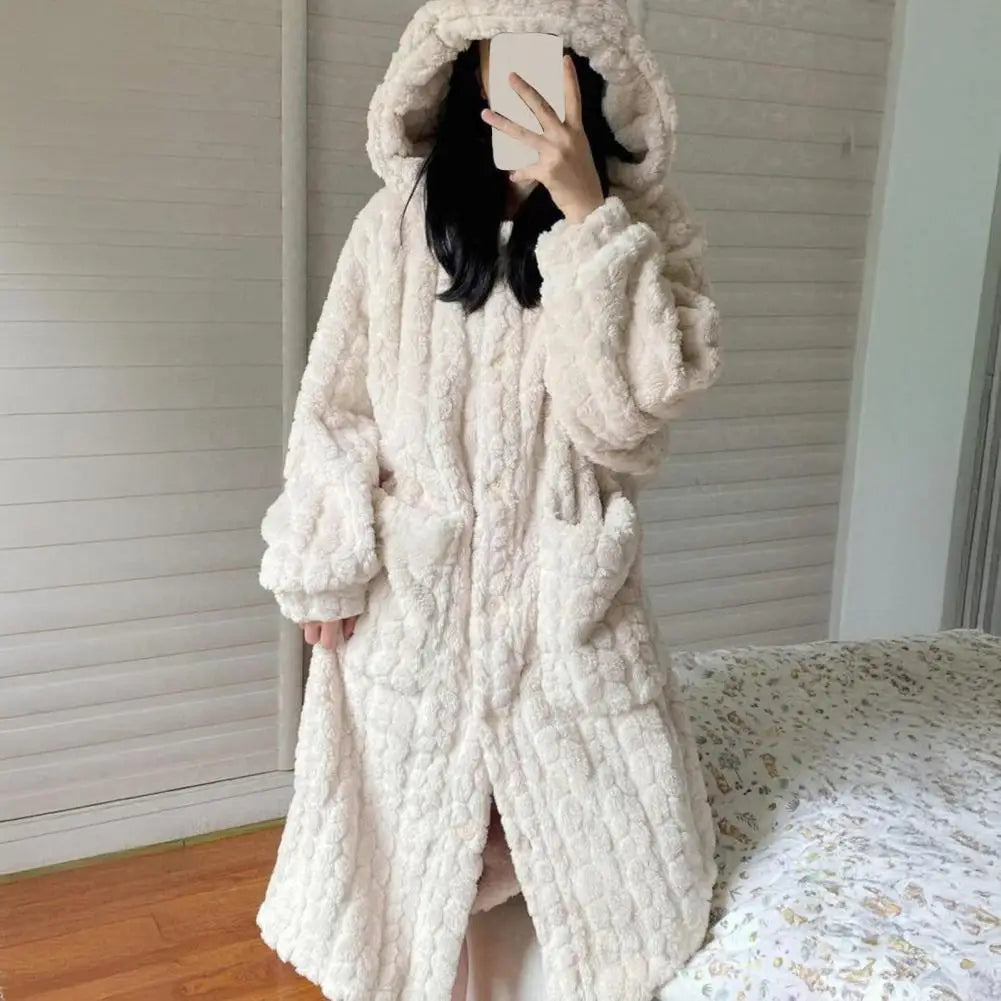 Women Nightgown Coral Fleece Pajamas Cozy Women's Flannel Fleece Nightgowns Long Sleeve Button Down Robe Hooded for Warmth