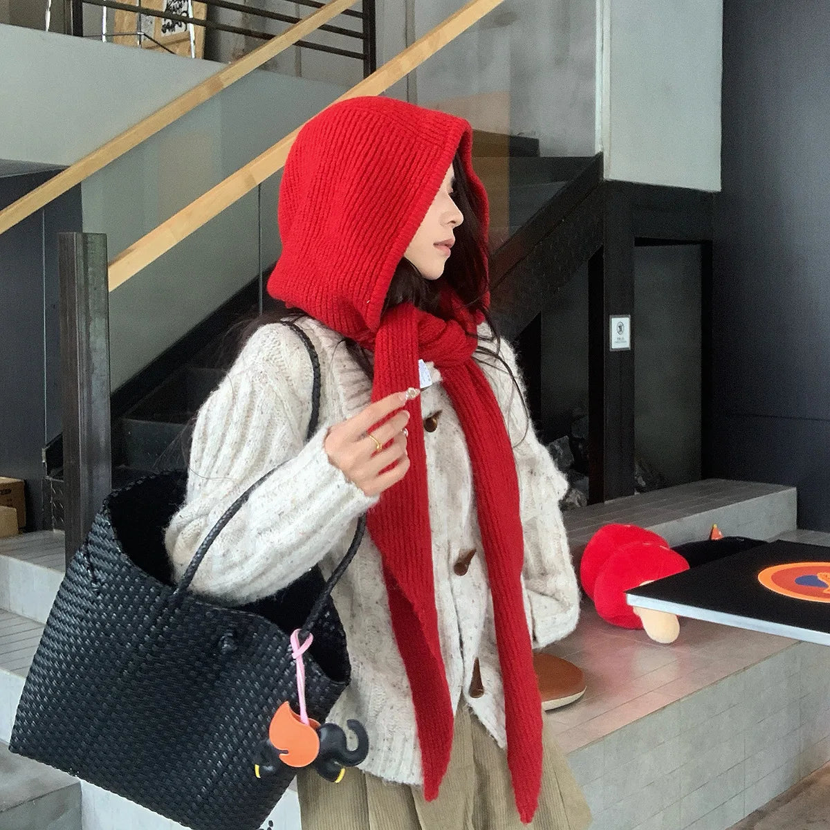 Wool Blend Balaclava Scarf Hat Warm Knitted Hood with Neck Cover Winter Outdoor Skiing Hiking Unisex for Men Women Red Retro