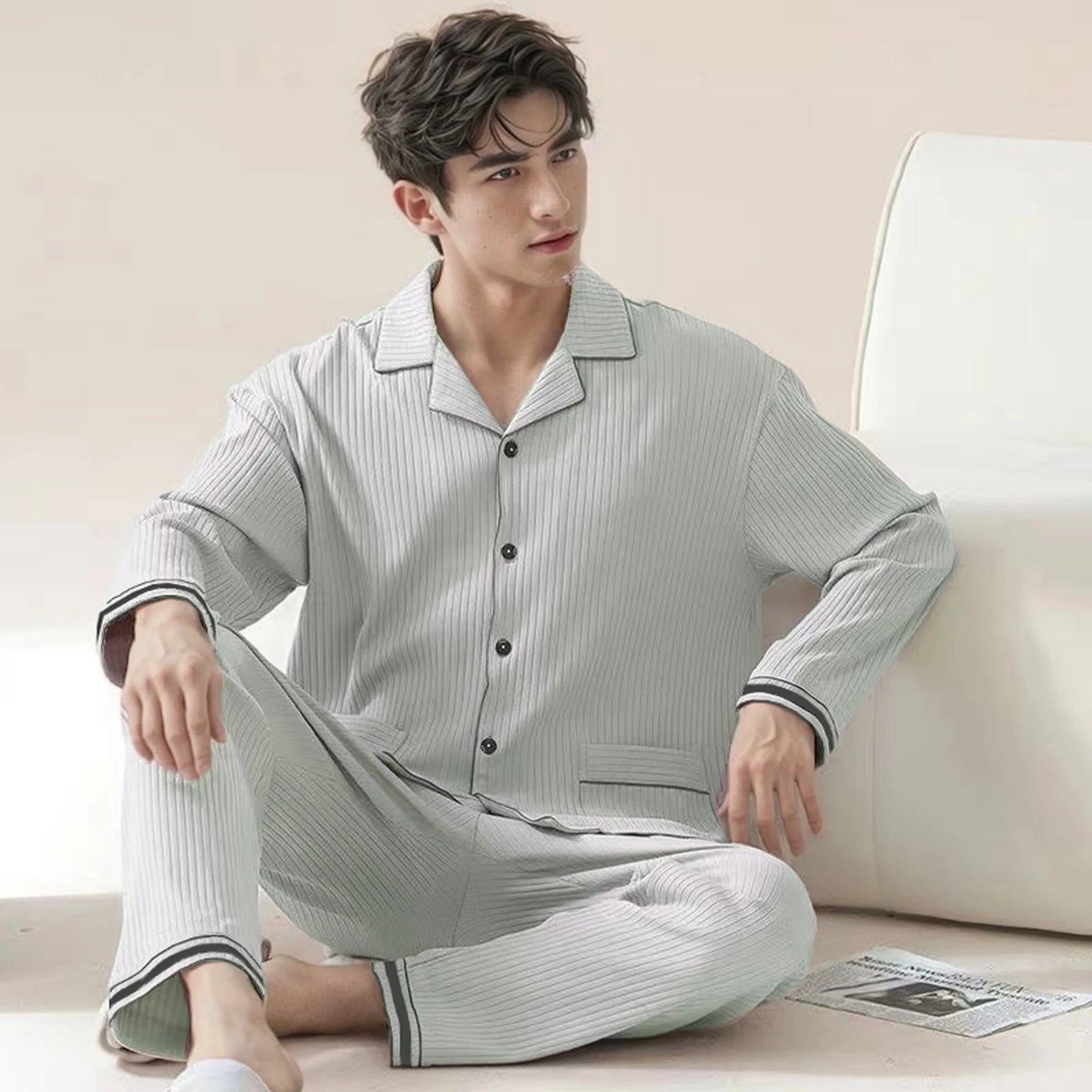 Pajamas Men's Long-Sleeved Spring and Autumn Men's Thin Youth Loose Home Clothes Two-Piece Suit