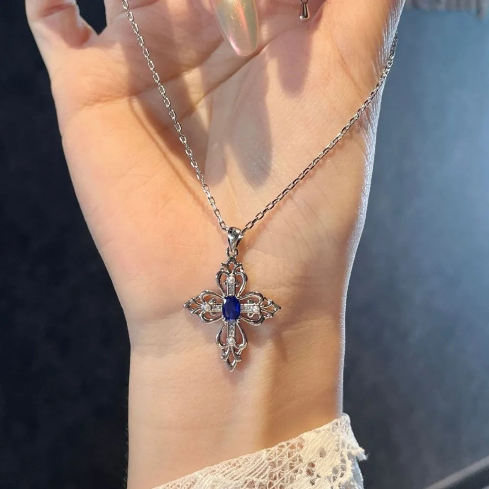 Sapphire Iris Cross Necklace Women's Light Luxury Niche Design Pendant Accessories Collarbone Chain Women
