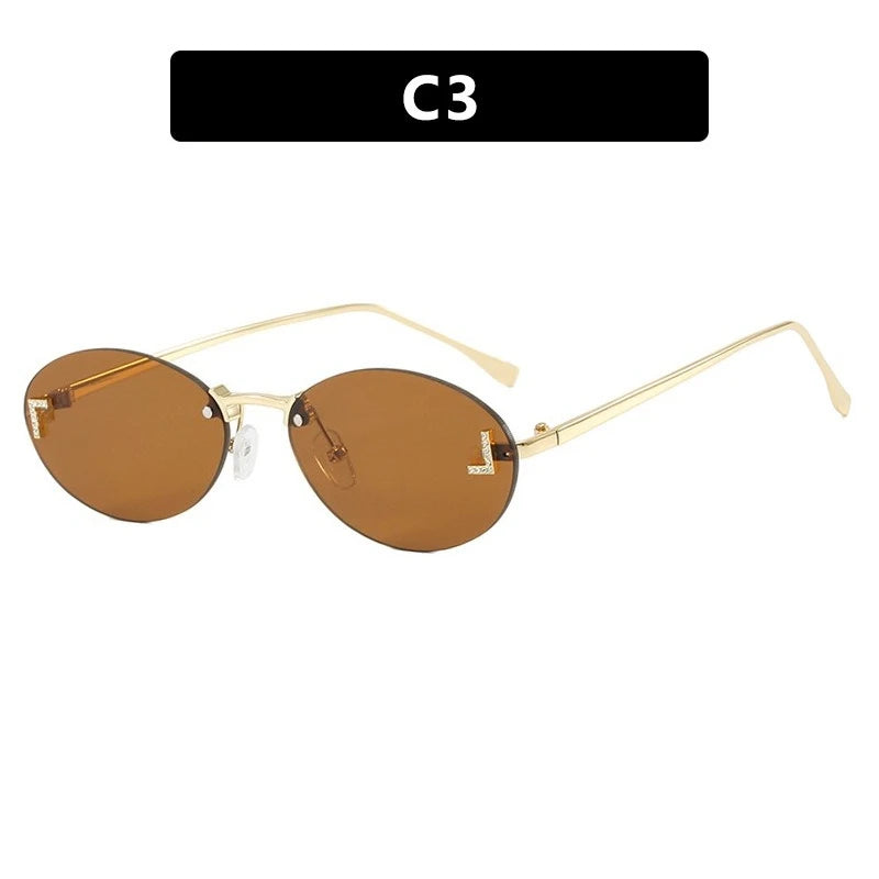 European and American Light Luxury Letter F Frameless Sunglasses Oval Retro Sunglasses Women's Fashionable Metal Sunglasses