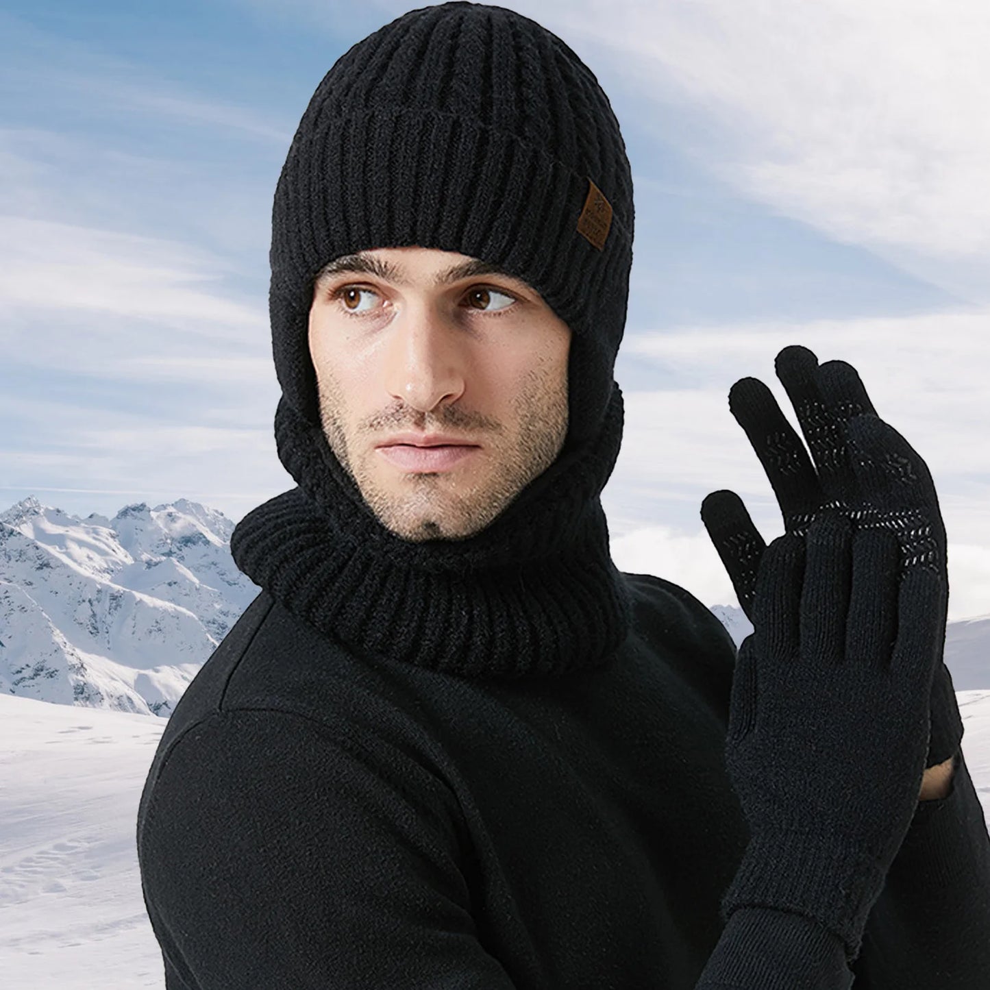 Warm Knit Beanie Hat Neck Scarf Glove Sets Knit Slouchy Beanie Hat Neck Warmer Screen-Touch Texting Scarves glove for Men women