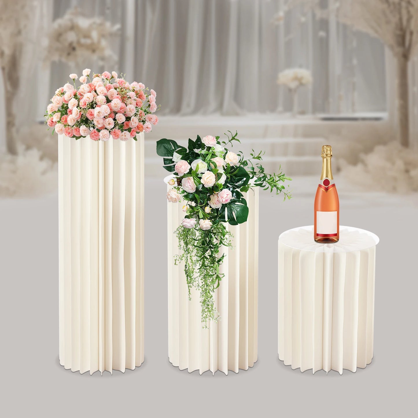 3Pcs Foldable Cardboard Flower Stands Wedding Centerpieces Cardboard Vases Round Pillars Pedestal Cake Stands for Wedding Party