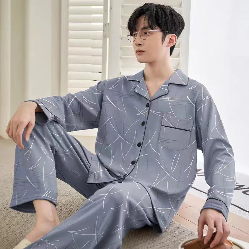 Pajamas Men's Long-Sleeved Spring and Autumn Men's Thin Youth Loose Home Clothes Two-Piece Suit