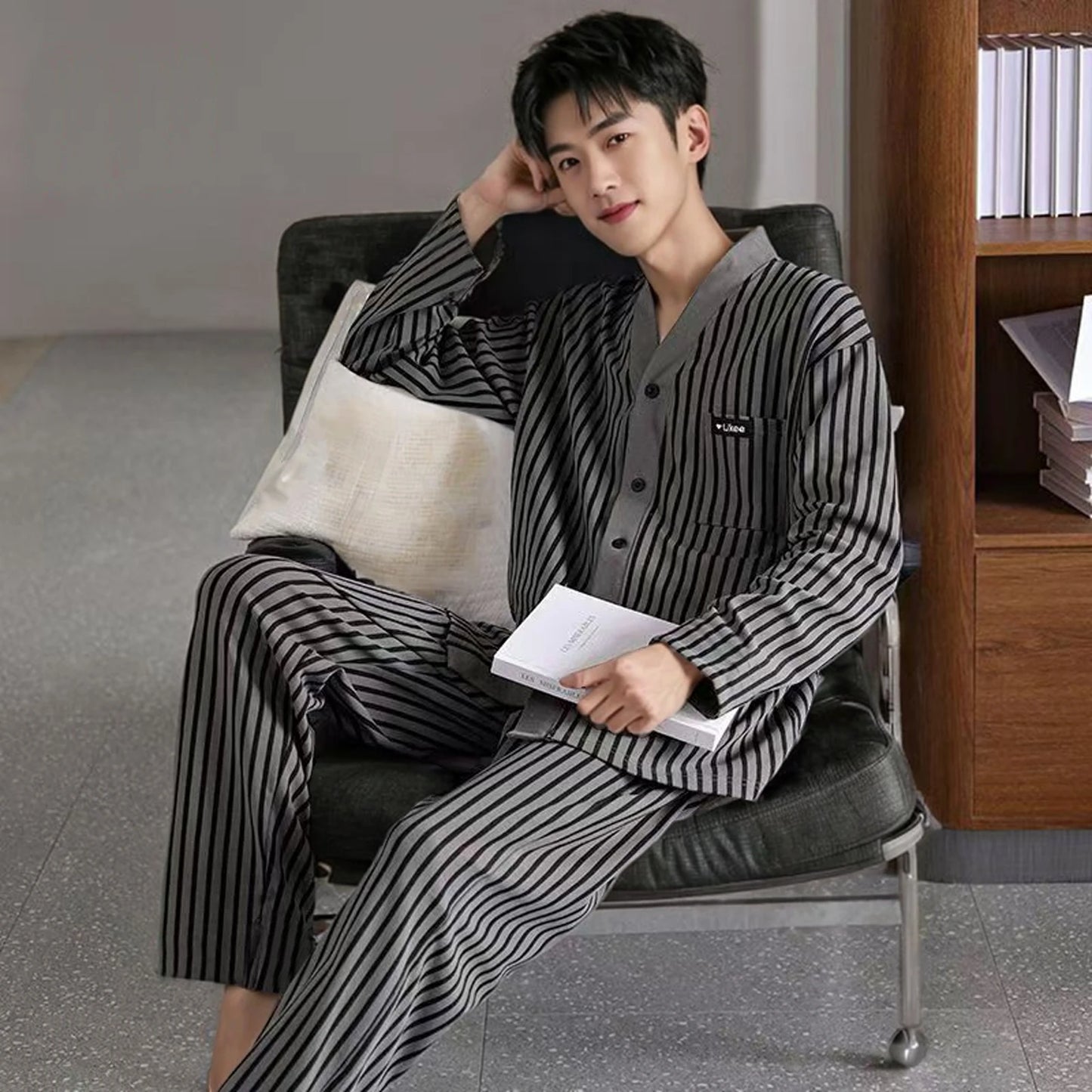 Pajamas Men's Long-Sleeved Spring and Autumn Men's Thin Youth Loose Home Clothes Two-Piece Suit