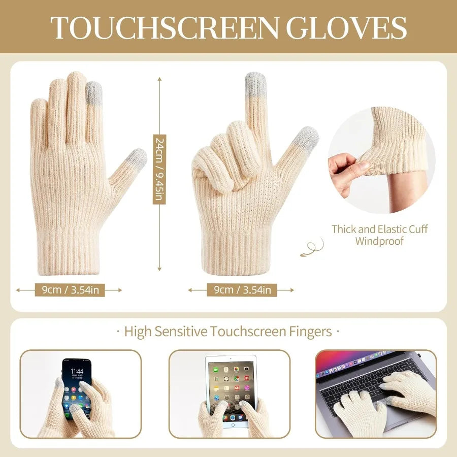 Winter Women's Long Scarf Gloves and Hat Set with Pom Pom for Cold Weather Protection Cozy Knit Beanie Hat with Matching Scarf