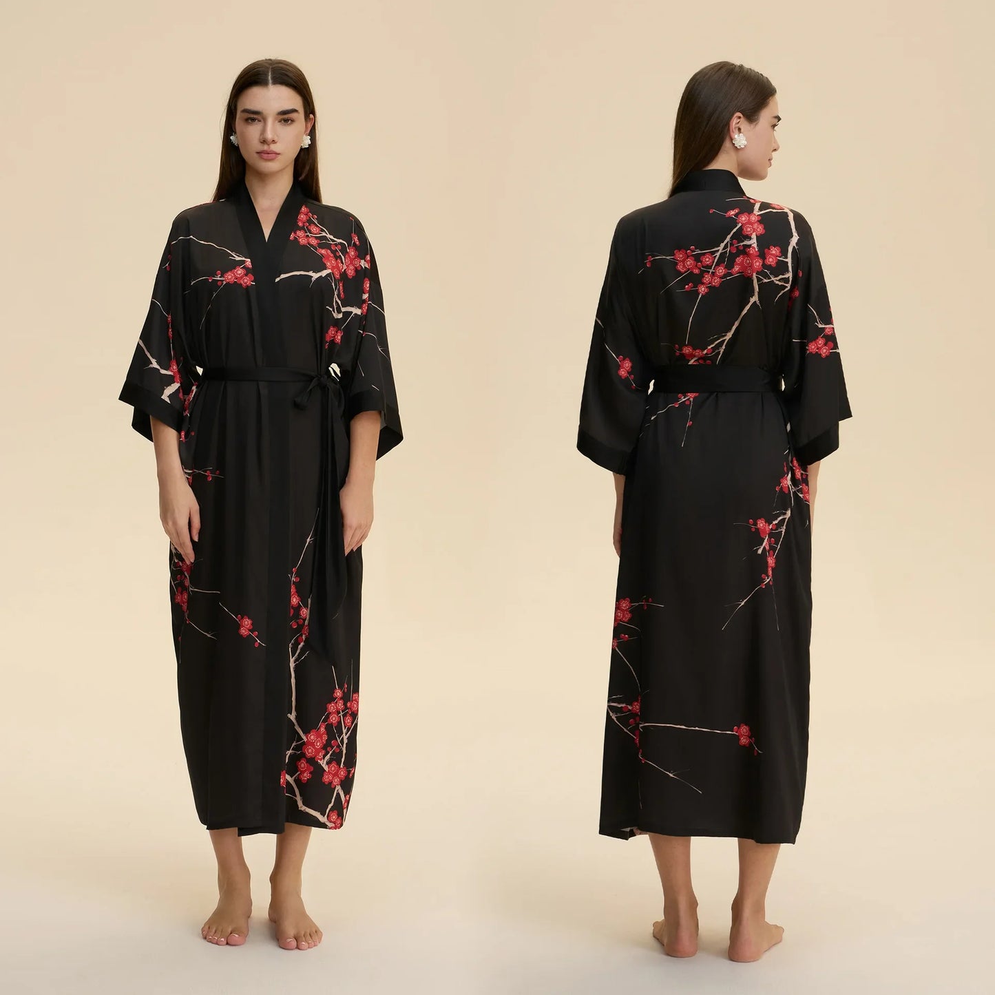 Chinese Style Print Flower Lonhg Robe Home Dress Silky Satin Kimono Bathrobe Gown Female Sleepwear Loose Nightgown Lounge Wear